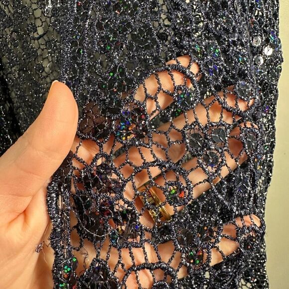 Open knit crochet sequin navy blue open front floor length duster cardigan jacke - Picture 6 of 9